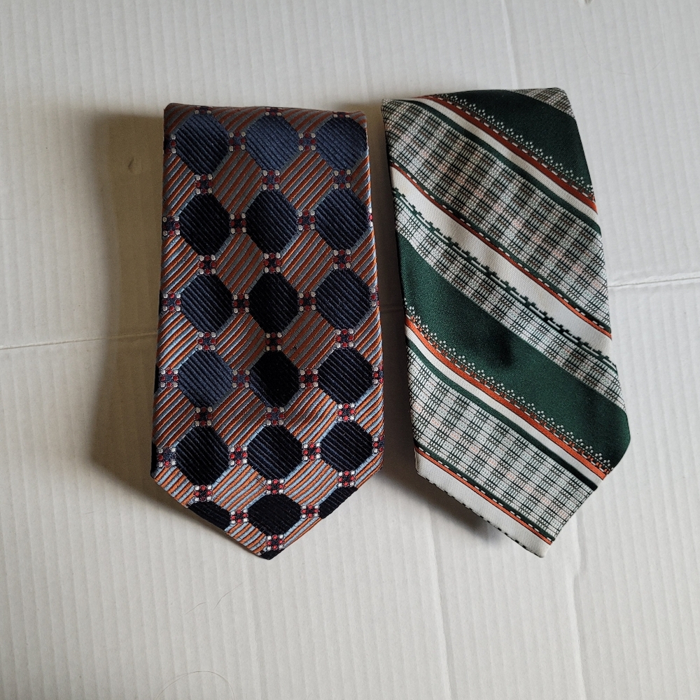 Lanvin ties 2 vintage neckties silk polyester eclectic grandpa blue green stripe